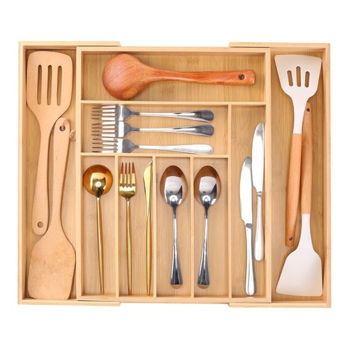 Extendable bamboo cutlery - bamboo, tray